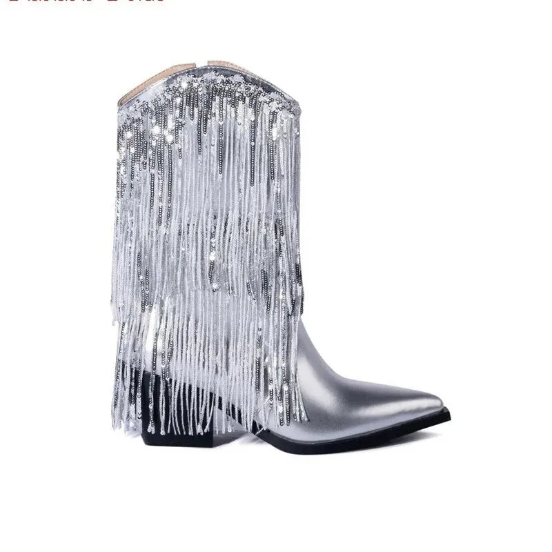 Women's brown chunky heel tassel boots with 8cm+ stiletto heels and mid-calf cut