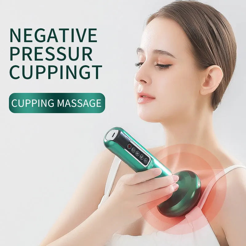 Green electric vacuum cupping massager with adjustable suction controls and infrared heating function