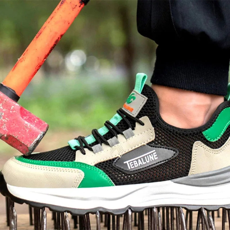 Black and green low-top safety shoes with mesh panels and a steel toe cap on a white background.