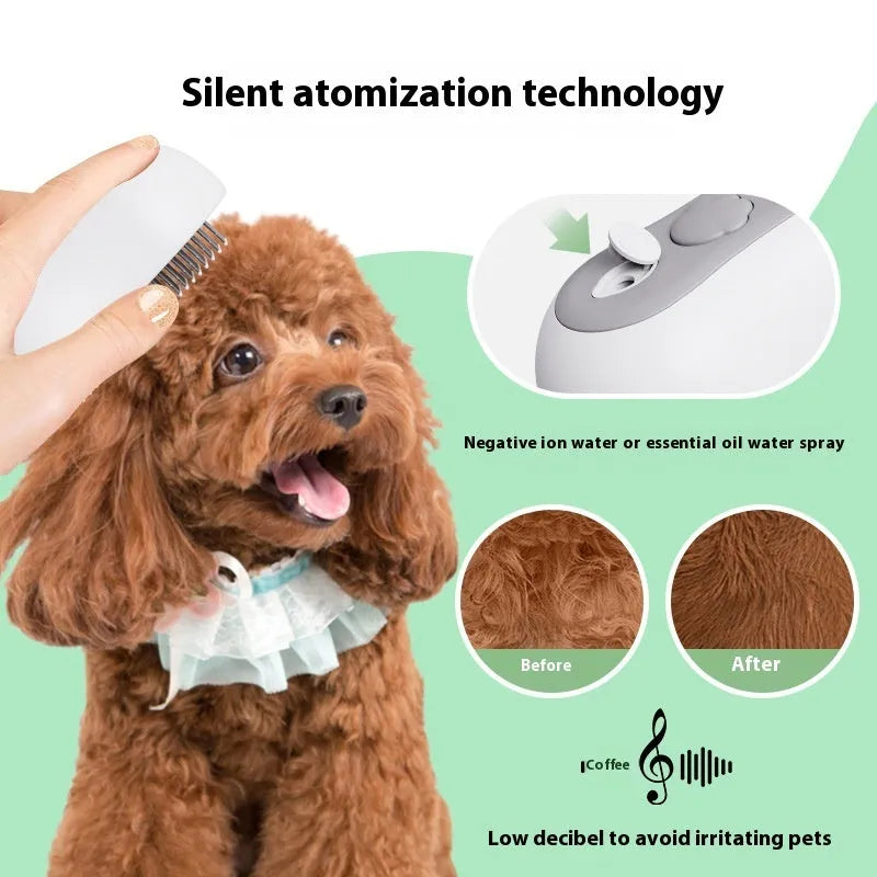 Cordless cat grooming comb with spray function and silicone brush head in multiple colour options