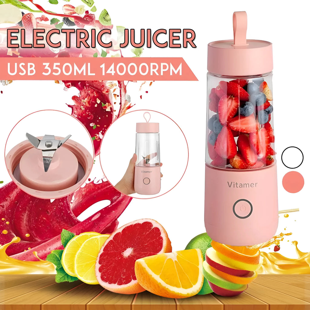 White portable USB rechargeable blender with 350ml cup and silicone handle on a table.