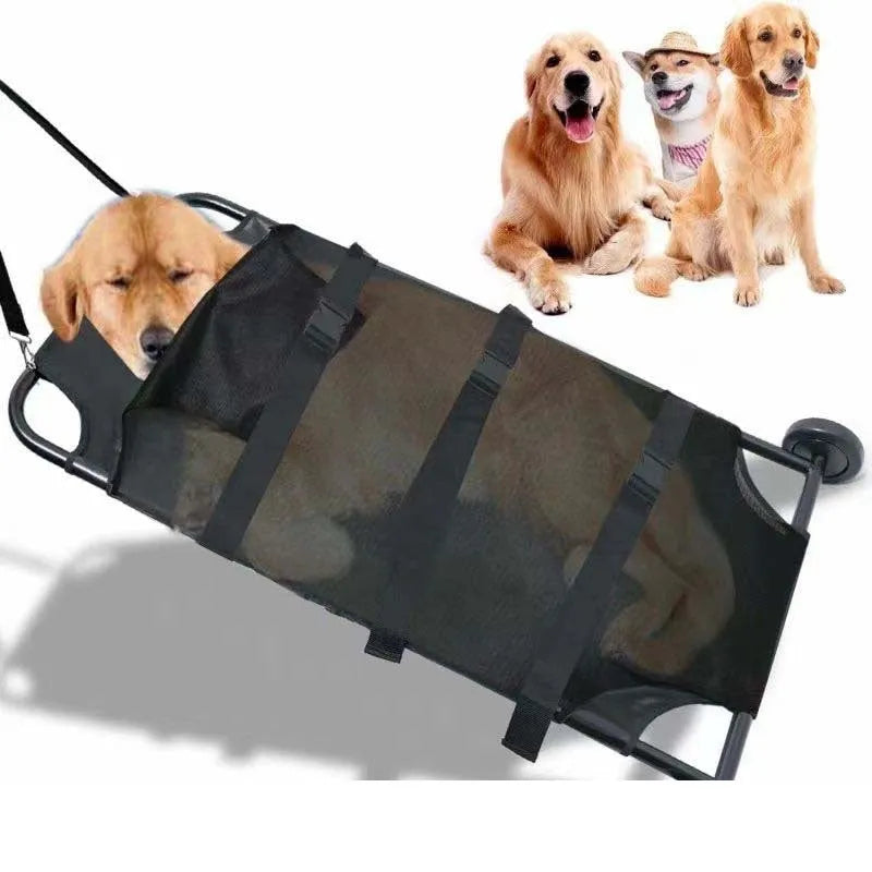 Large black foldable aluminium pet stretcher for emergency dog transport and veterinary use