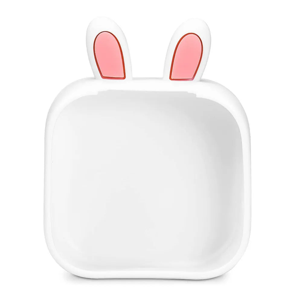 Mini thermal printer with rabbit ear protective case showing colour options including pink, green, white, blue, and yellow variants