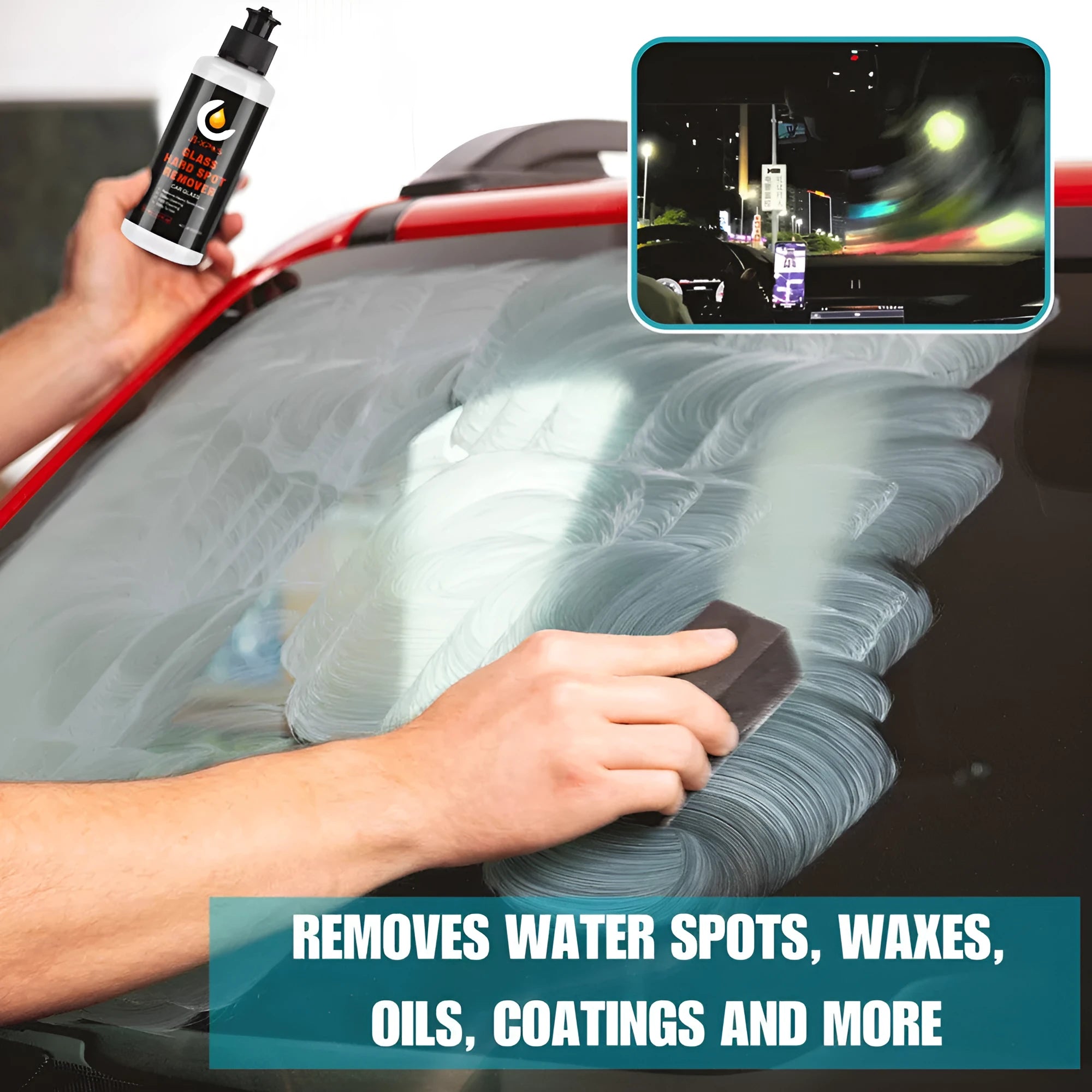 Glass oil film remover cleaning cream paste and cloth in 50ml, 100ml, and 200ml sizes.