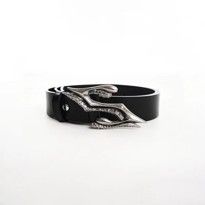 Black men's leather belt with metal letter buckle, 110cm length, two-layer cowhide construction