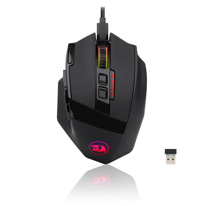 Black Redragon M801P wireless gaming mouse with nine buttons and ergonomic design measuring 120mm length