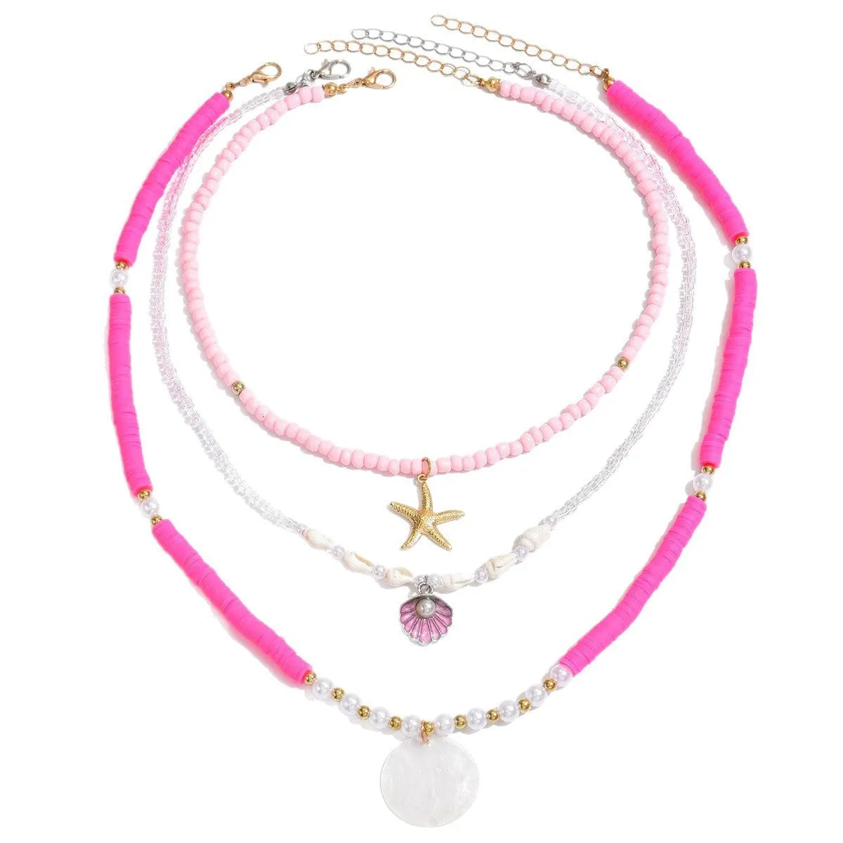 Polymer clay beaded necklace for women with multi-layer shell, twin clavicle chain, and geometric alloy pendant, 41-50cm.