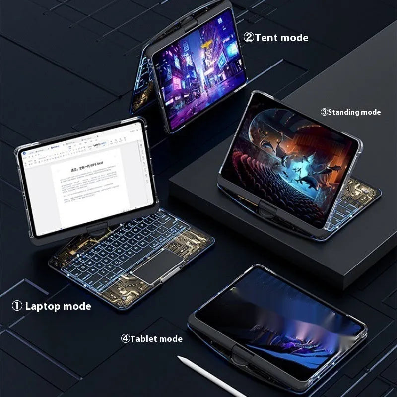 Transparent rotating keyboard case shown with an iPad in a standing position.