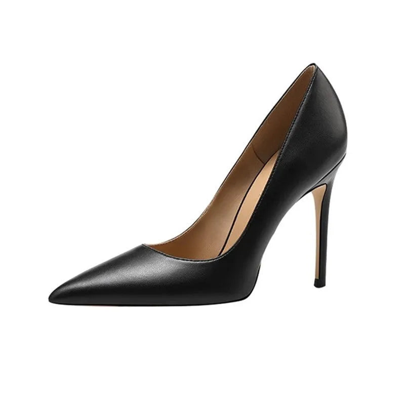 Black pointed-toe high heel shoes with a stiletto heel on a plain background
