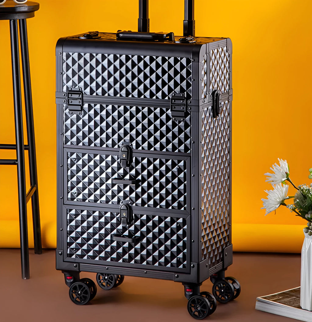 Water Cube Black rolling makeup storage box, aluminum wheeled beauty artist suitcase and barber toolbox, 70 x 46 x 31.5 cm
