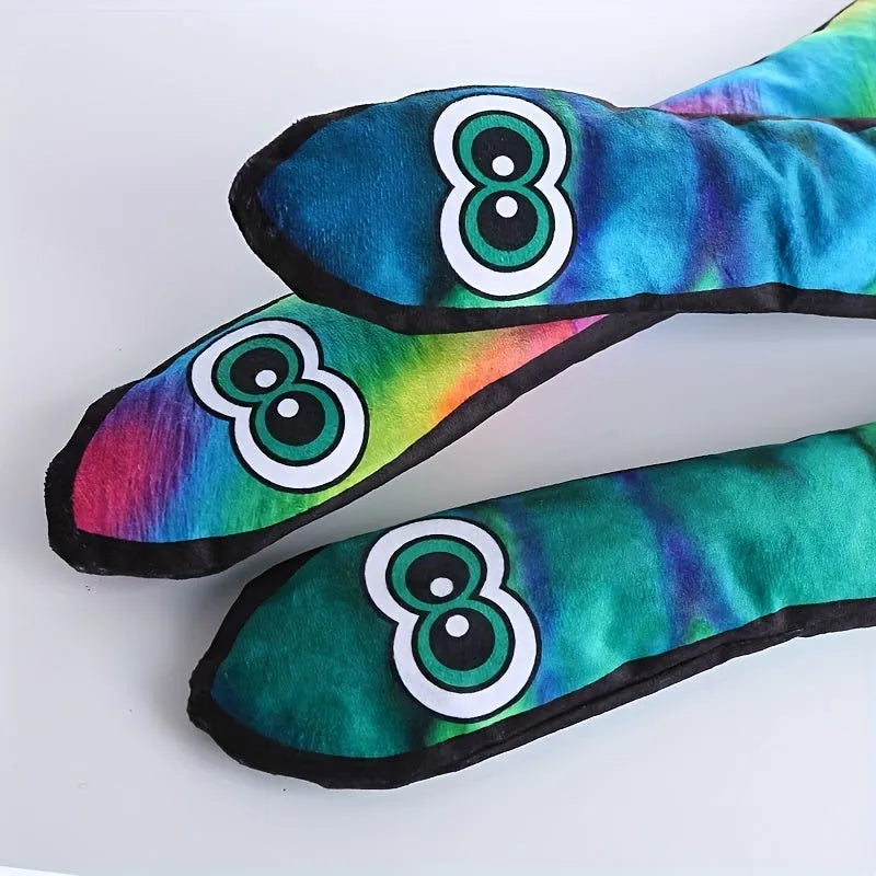 Multicolour snake-shaped plush dog squeaky toy with stripe print and no internal filling