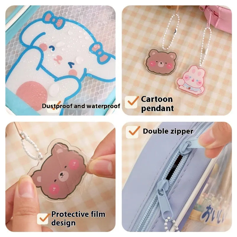 Transparent PVC pencil case with cartoon design showing pens and pencils inside