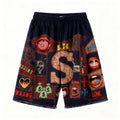 Men's five-point running shorts in mid-rise straight leg, shown in black, pink, and green, sizes M to 3XL.