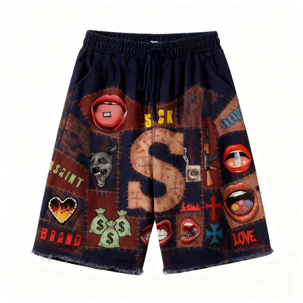 Men's five-point running shorts in mid-rise straight leg, shown in black, pink, and green, sizes M to 3XL.