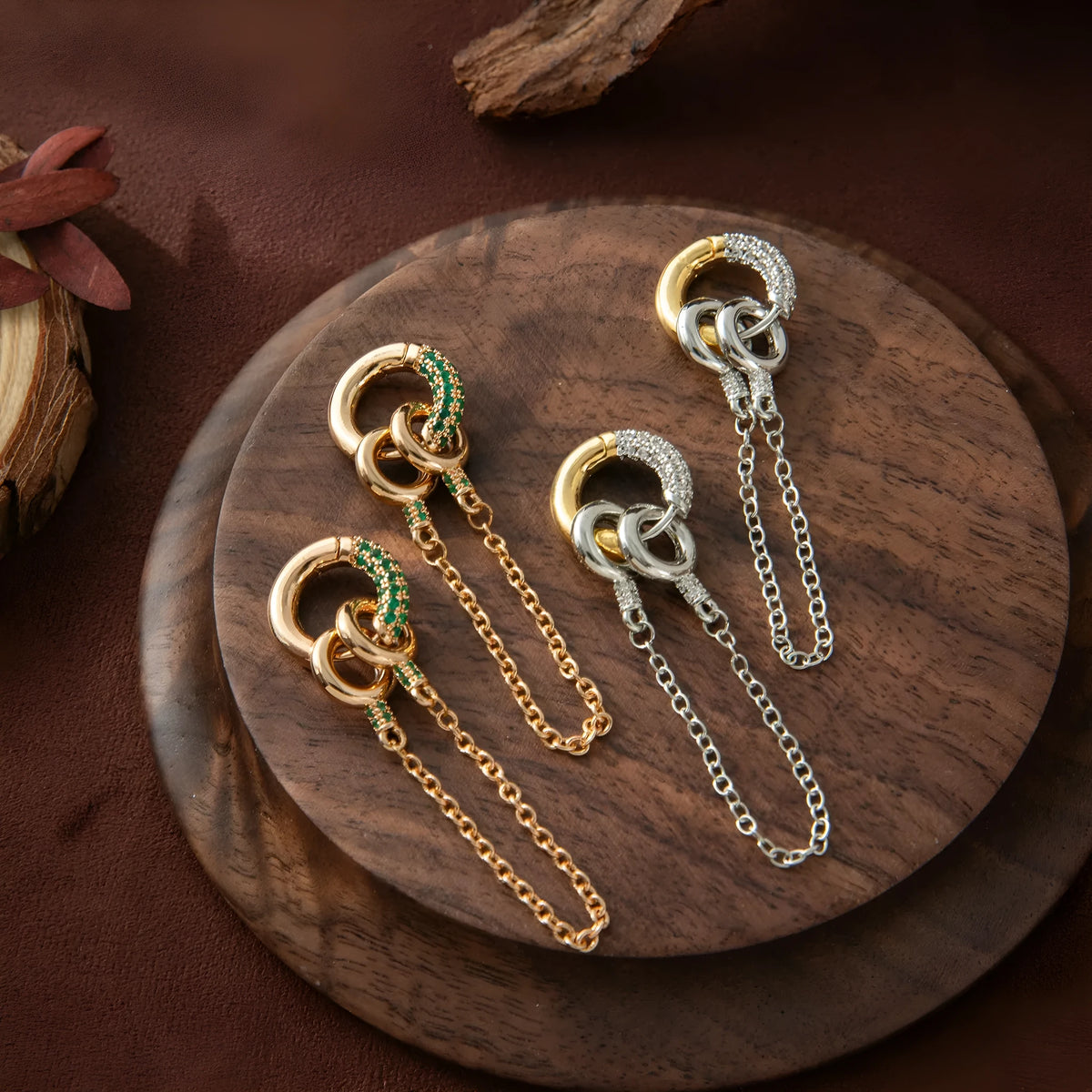 Pair of zircon ear studs with chain, electroplated copper, green or steel zircon, unisex two-way earrings