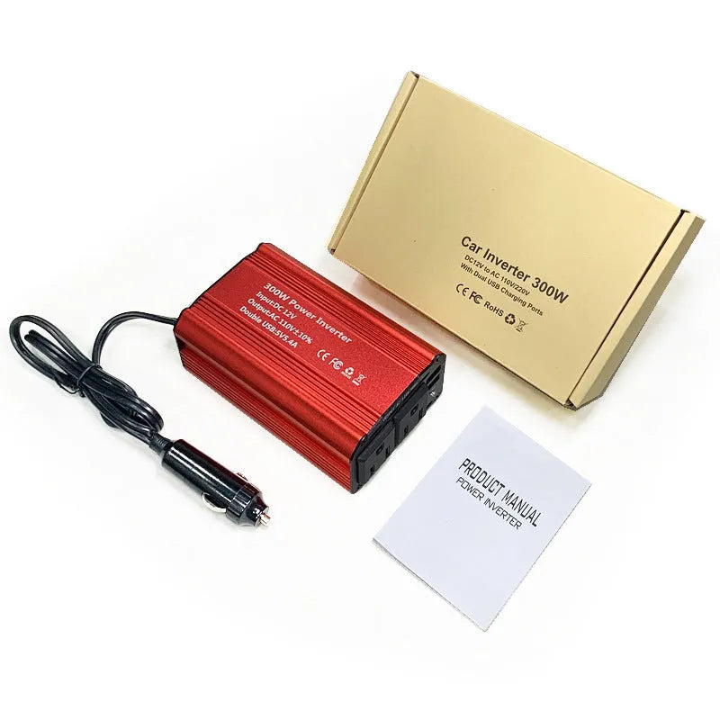 300W car inverter, 12V to 110V, dual USB ports, alloy body, 125 x 80 x 46mm, red or black