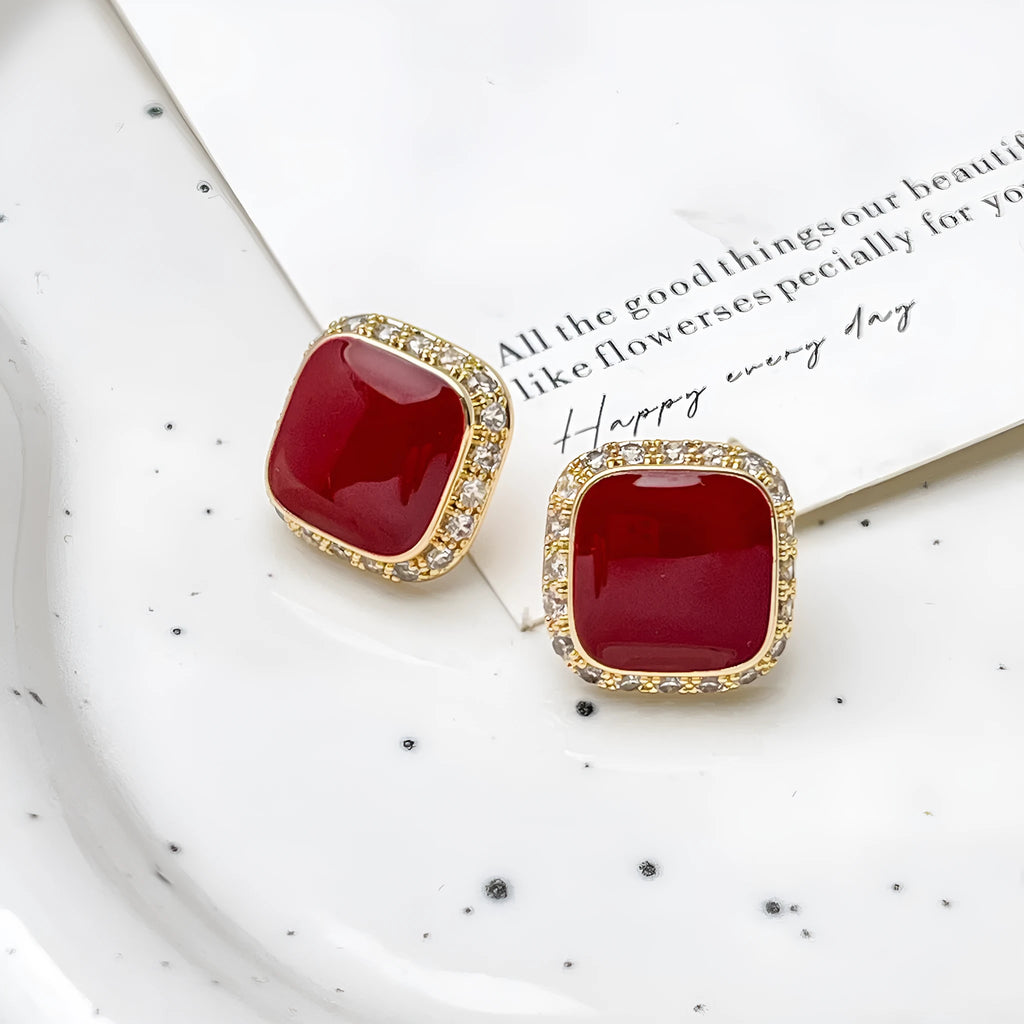 Retro red geometric square plate earrings with alloy construction and inlaid design