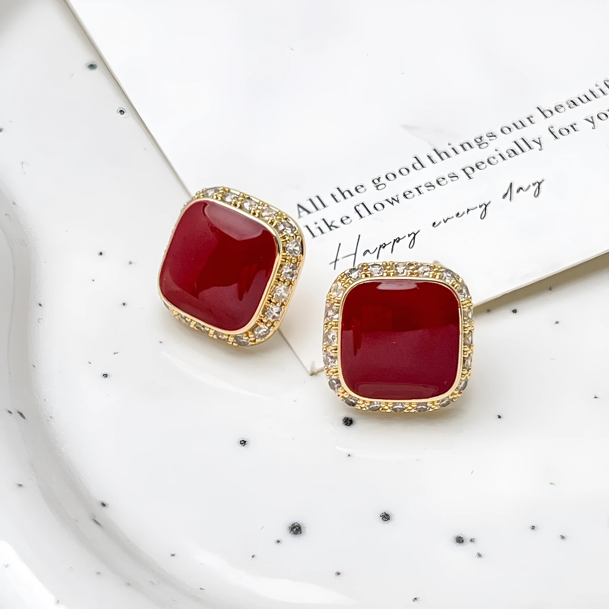 Retro red geometric square plate earrings with alloy construction and inlaid design