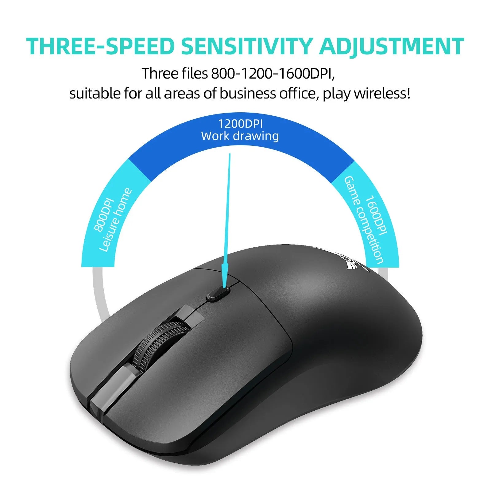 Black wireless mouse with three-gear audio button for laptops, featuring photoelectric mode and battery operation