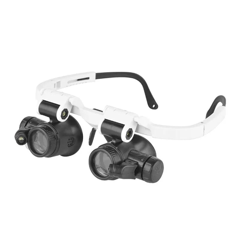 White head mounted magnifying glass with 30mm lenses and LED light for clock and antique glass repair