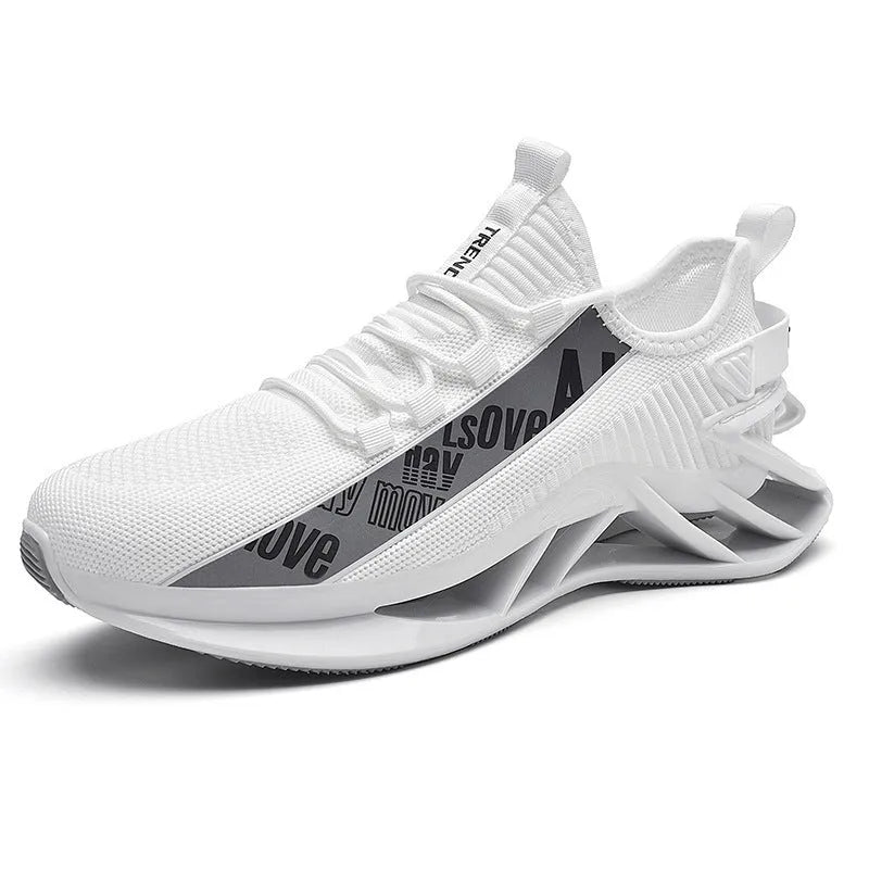 Men's casual exercise shoes with woven mesh upper in black, blue, red, and white colour options showing embroidery details