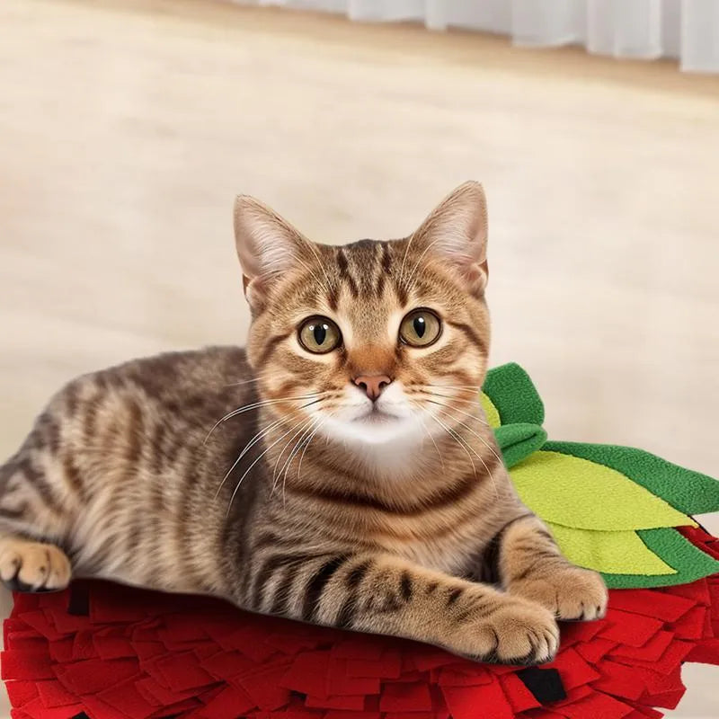 Red and green strawberry-shaped pet slow feeder mat with hiding spots for foraging