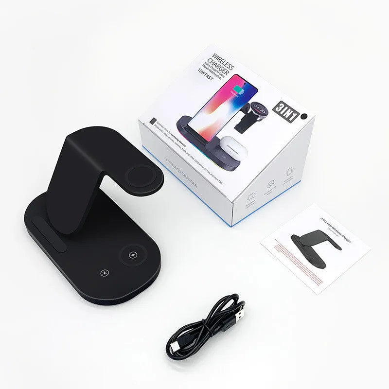15W three-in-one wireless charger for mobile phones and watches in black and white colours