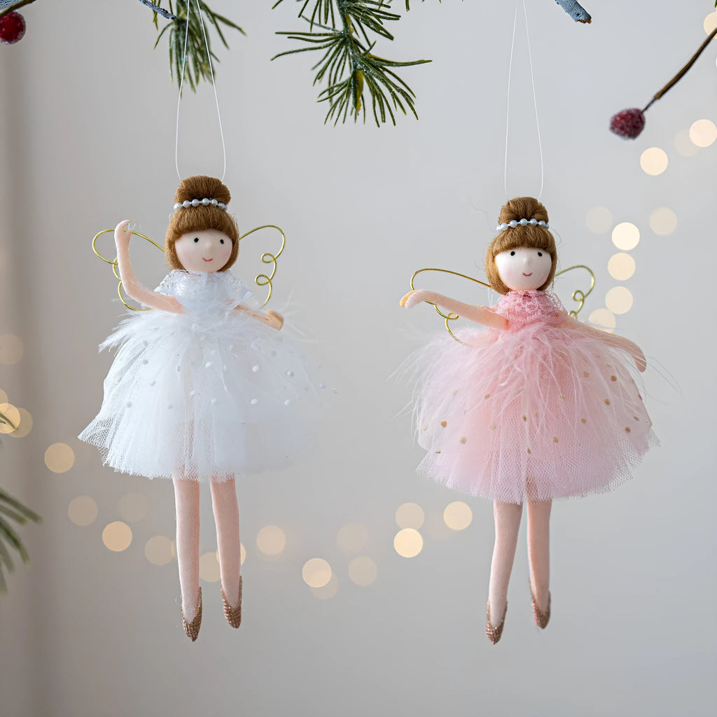 Pink and white ballet girl plush doll with angel pendant design