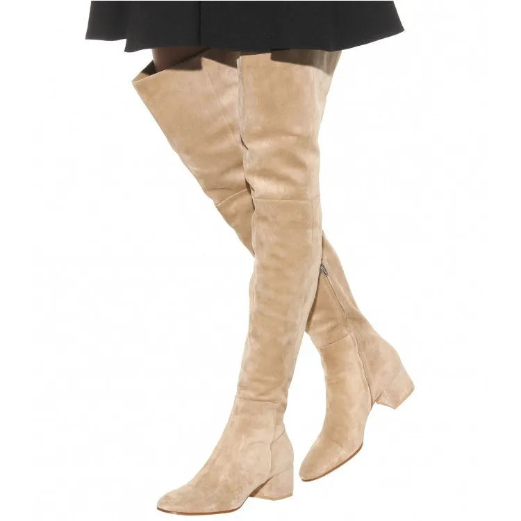 Grey suede women's over-the-knee boots with pointed toes and low thick heels