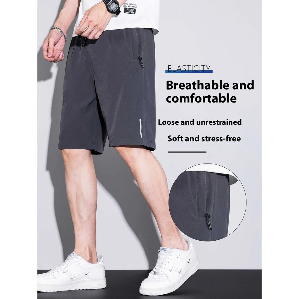 Men's thin ice silk quick-drying running shorts in black, dark blue, or light grey, sizes M to 4XL