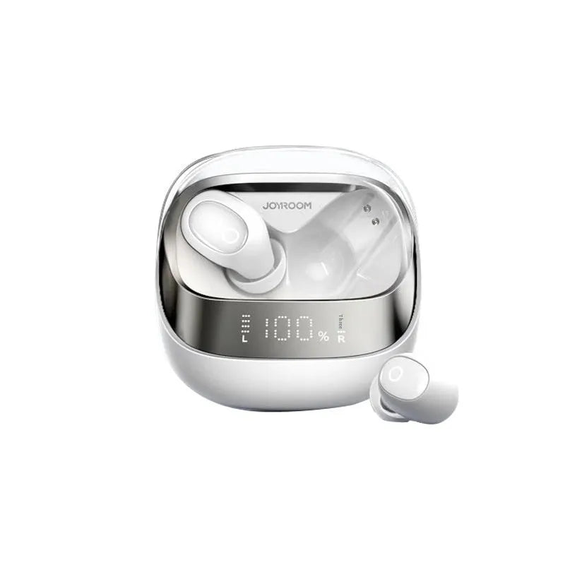 Wireless in-ear Bluetooth headset in charging case with USB cable, showing Dawn White and Starry Sky Black colour options