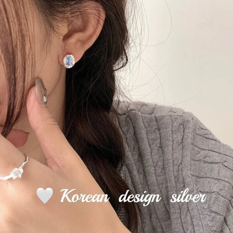 S925 sterling silver oval blue diamond heart-wrapped earrings for women