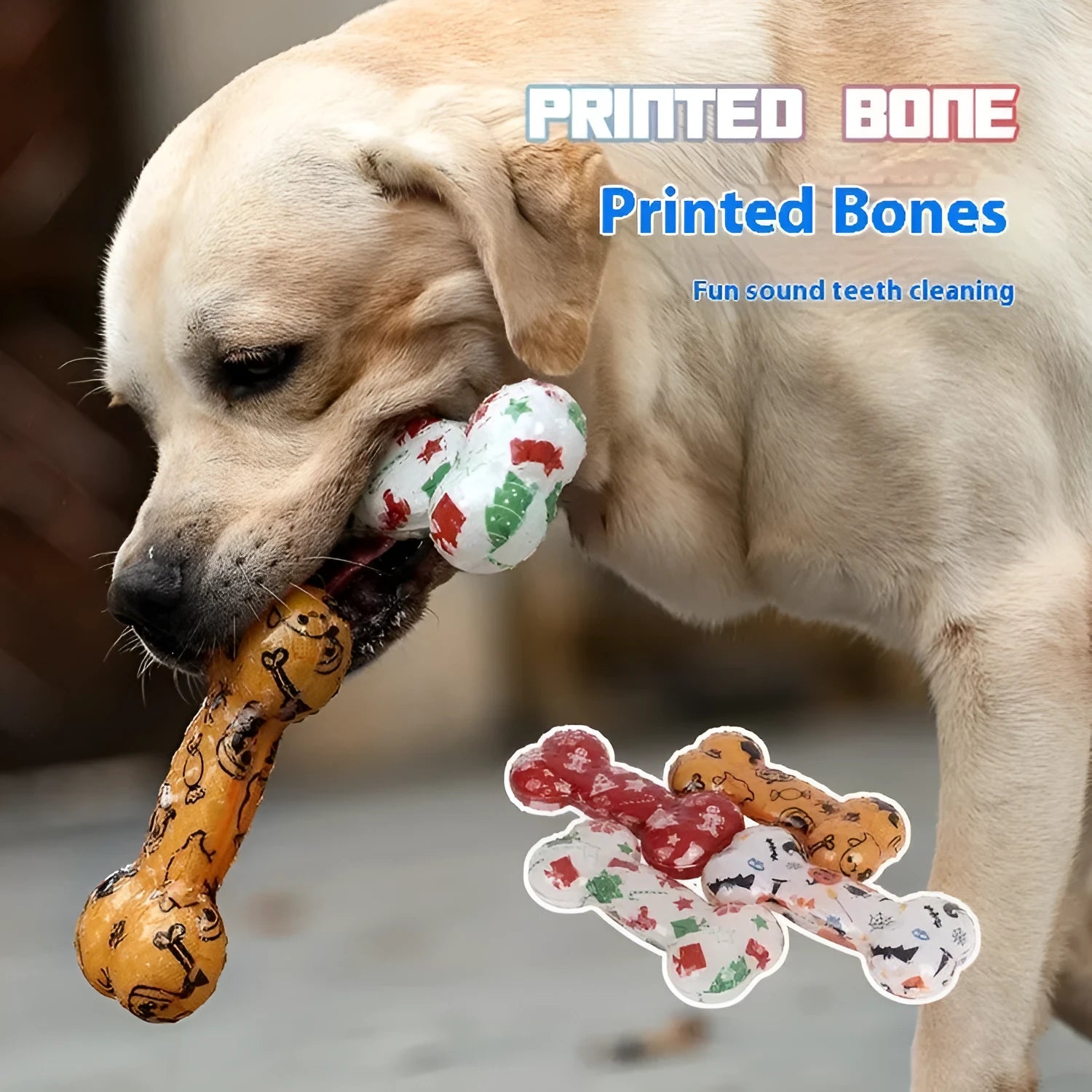 Printed bone-shaped dog chew toy with squeaker in TPR material