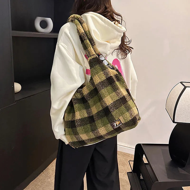 Women's plaid crossbody tote bag in army green with 40x44x9cm dimensions and zipper changing bag