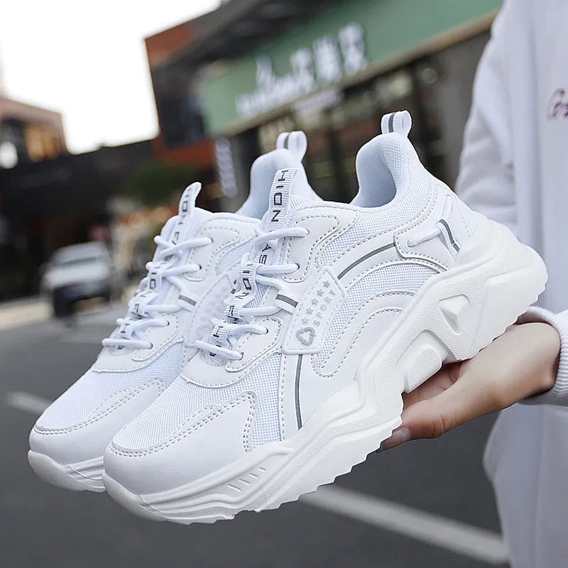 Women's white thick-soled casual sports shoes with mesh upper and 3-5cm mid-heel