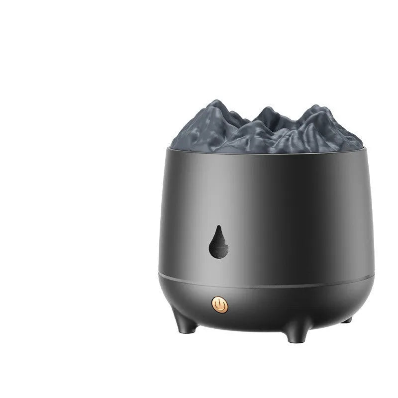 Volcano-shaped humidifier with flaming mountain design in white colour showing mist emission