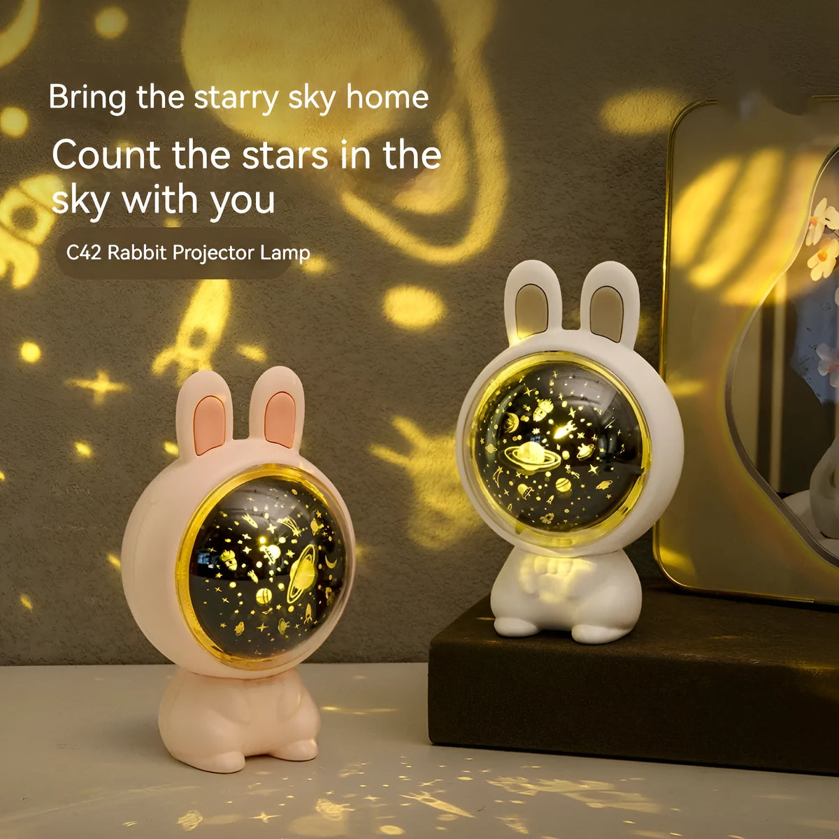 Rabbit star light projector lamp for children's home decor, rechargeable USB night light, white or pink, 110x93x121mm