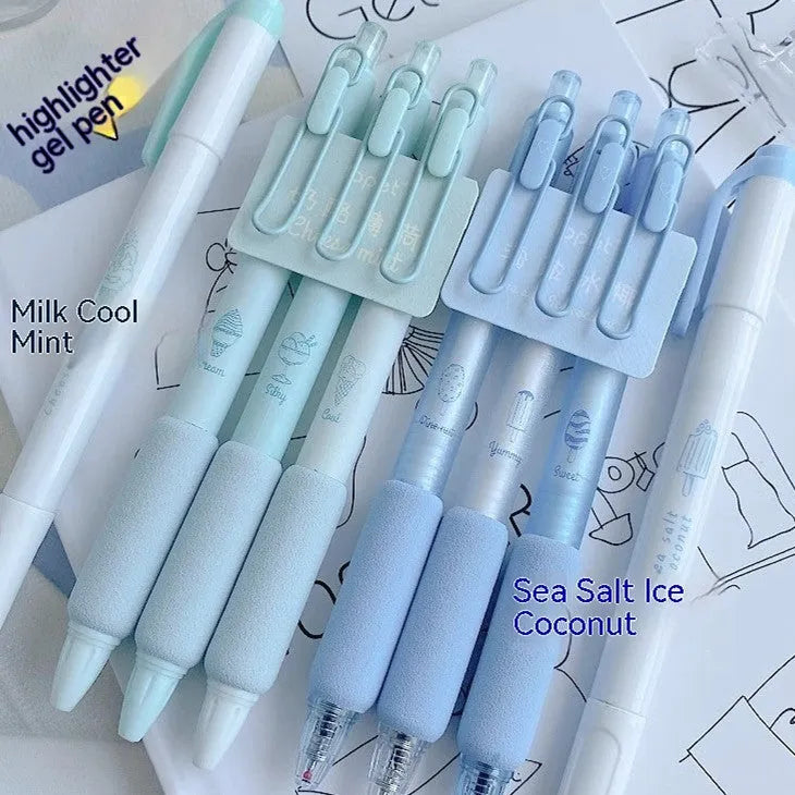 Double-headed fluorescent pen with 0.5mm plastic shell for student calligraphy practice in cheese mint and sea salt ice cup colours
