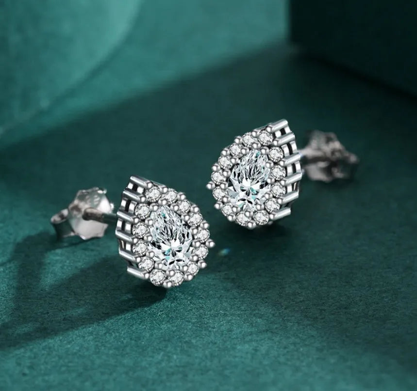 Women's 925 sterling silver water drop ear studs with diamond treatment process and post-and-clutch backing