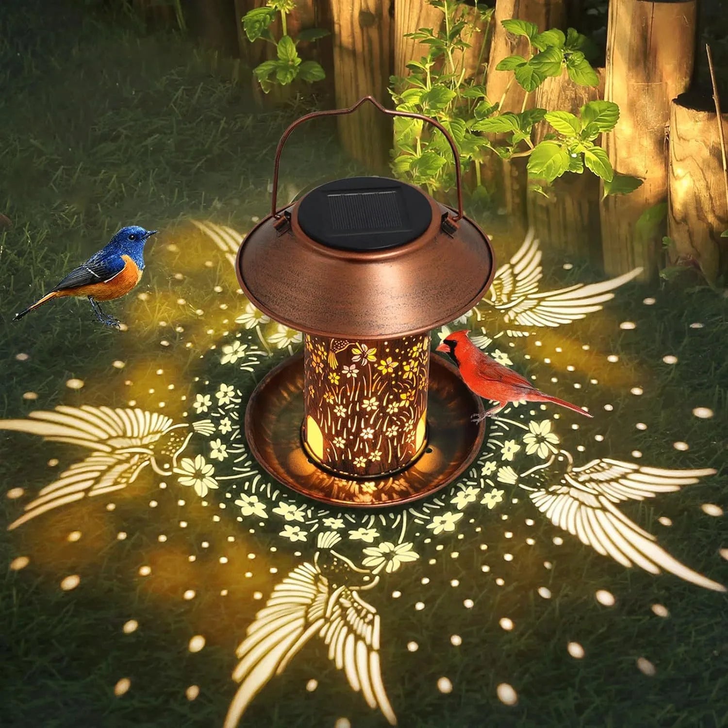 Iron art solar lamp feeder with hummingbird pattern design for garden lighting