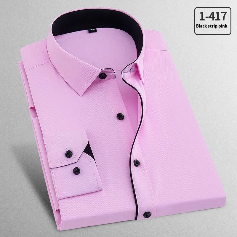Men's long sleeved linen shirt in pink diagonal check pattern on a hanger.