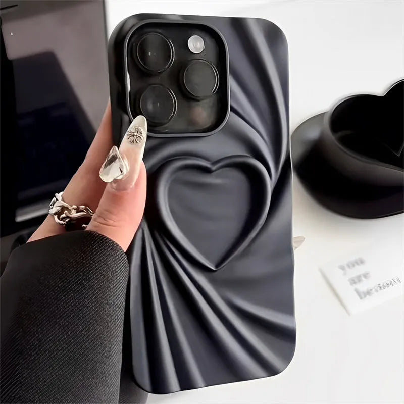 Ruffled heart silicone phone case for iPhone in black, brown, mustard green, and rose red