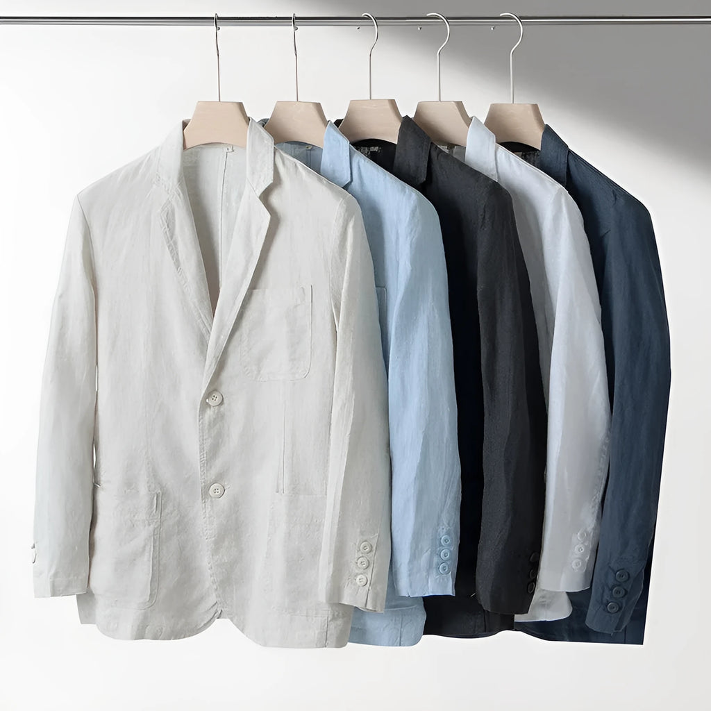 Men's linen casual suit jacket in loose fit available in multiple solid colours with long sleeves
