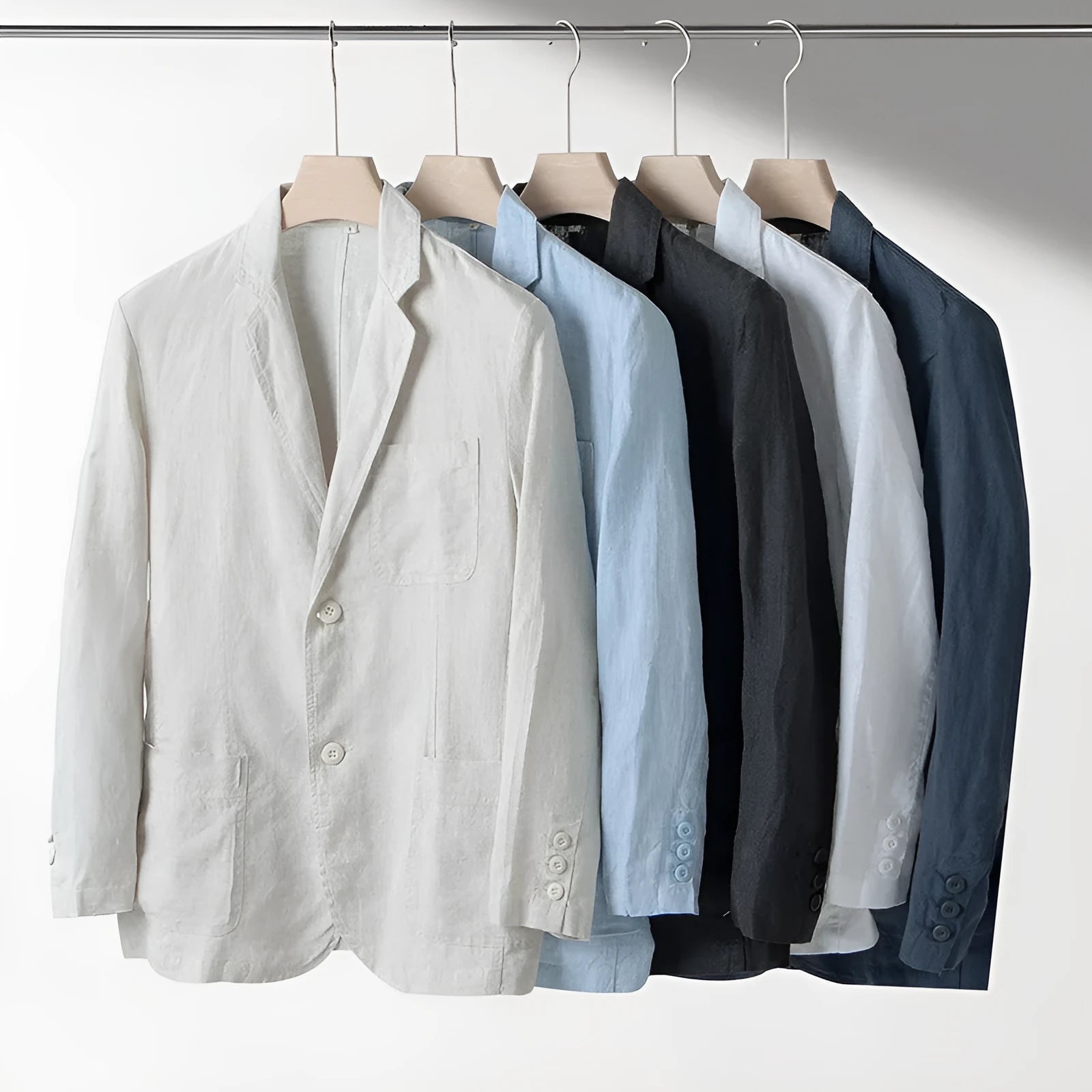 Men's linen casual suit jacket in loose fit available in multiple solid colours with long sleeves