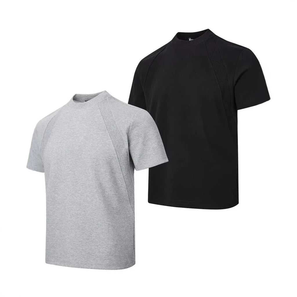 Air layer stitching short sleeve top in black, loose fit, polyester fabric, Asian sizing