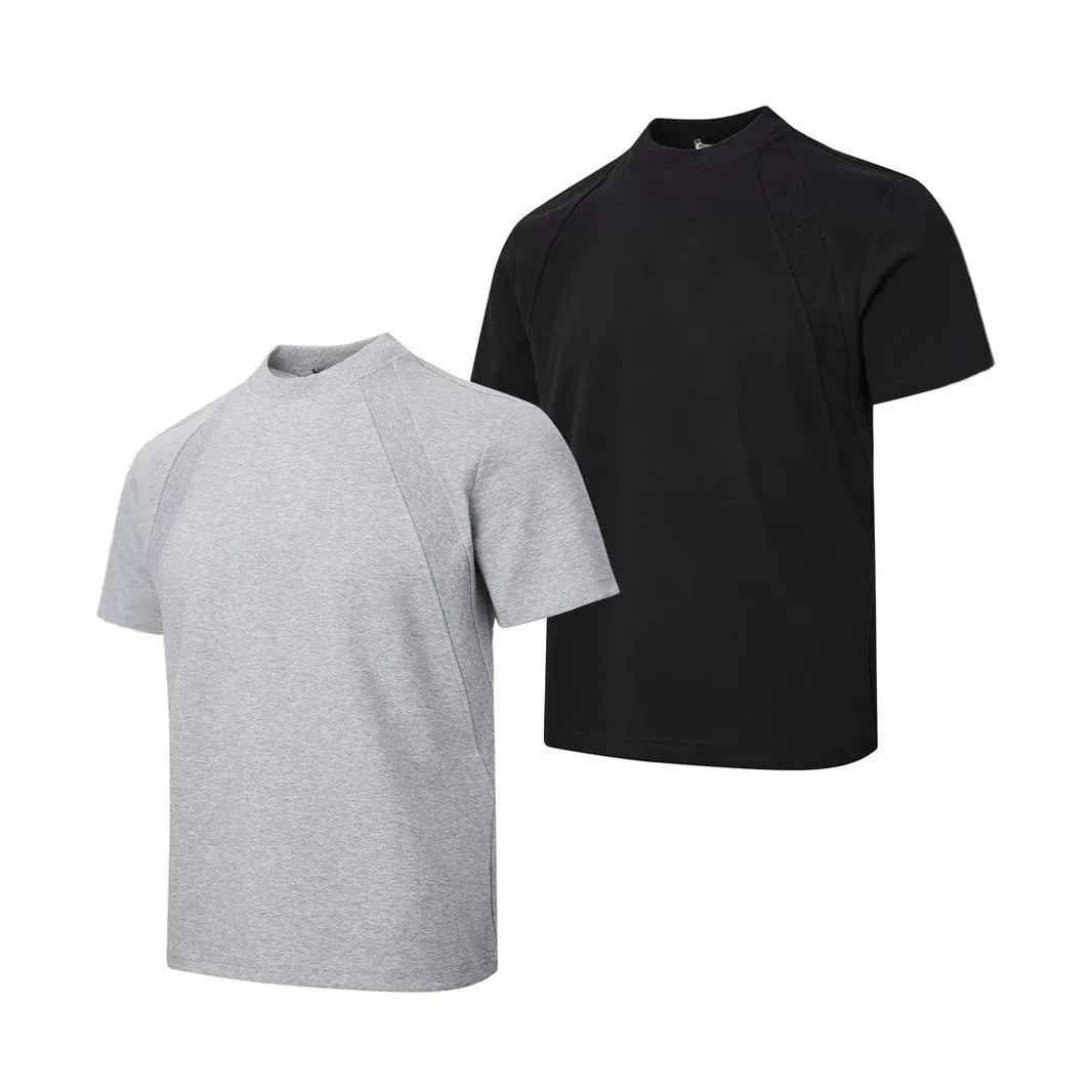 Air layer stitching short sleeve top in black, loose fit, polyester fabric, Asian sizing