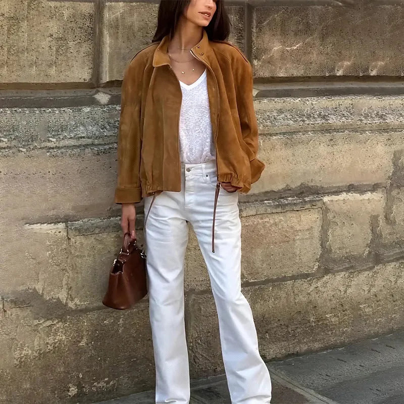 European and American retro solid colour loose-fit jacket with long sleeves in polyester
