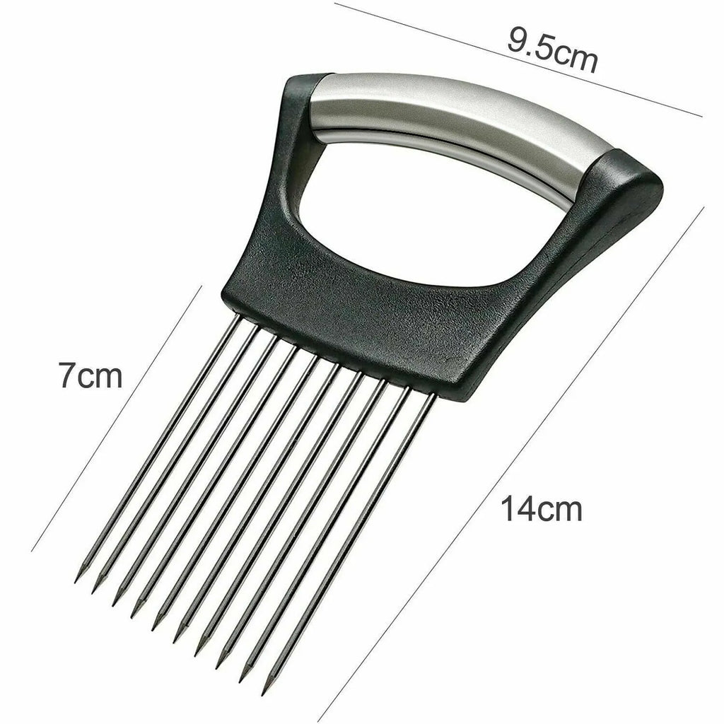 Stainless steel onion holder slicer with ABS base, measuring 14cm by 9.5cm, for secure food cutting