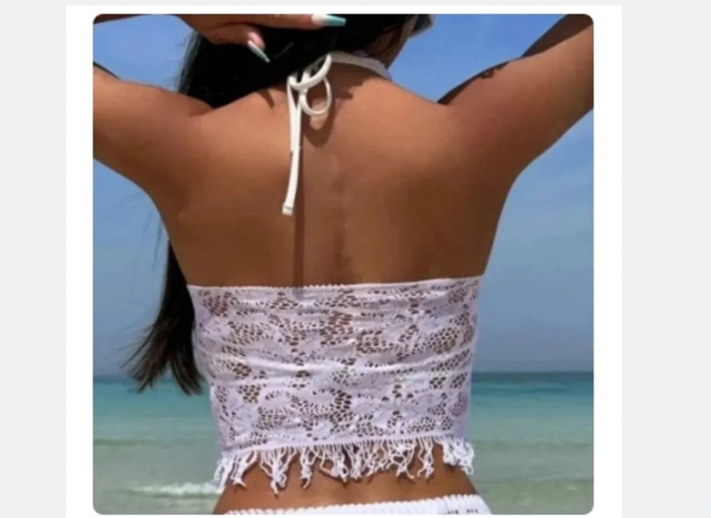 Women's white two-piece swimsuit with tassel beach cover-up skirt for swimming sports
