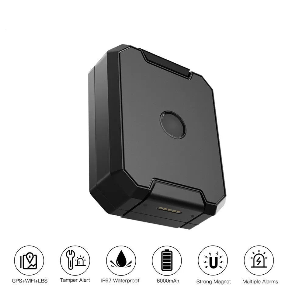 Black GPS car locator device with 6000mAh battery for long standby tracking.